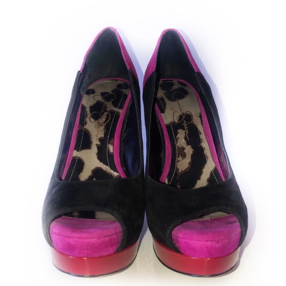 JESSICA SIMPSON SIZE 8 PINK / BLACK PEEP TOE STIL - Picture 2 of 7